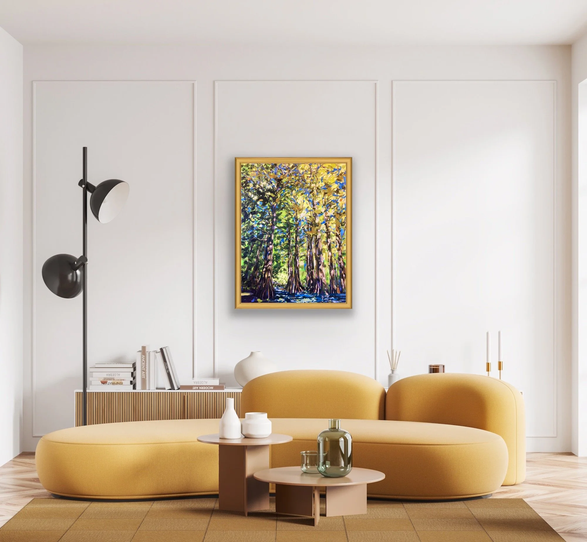 Original landscape painting of the Greenville Cypress Preserve in the Mississippi Delta by Jennifer Drinkwater. A richly textured artwork capturing the beauty of Southern wetlands and swamps.