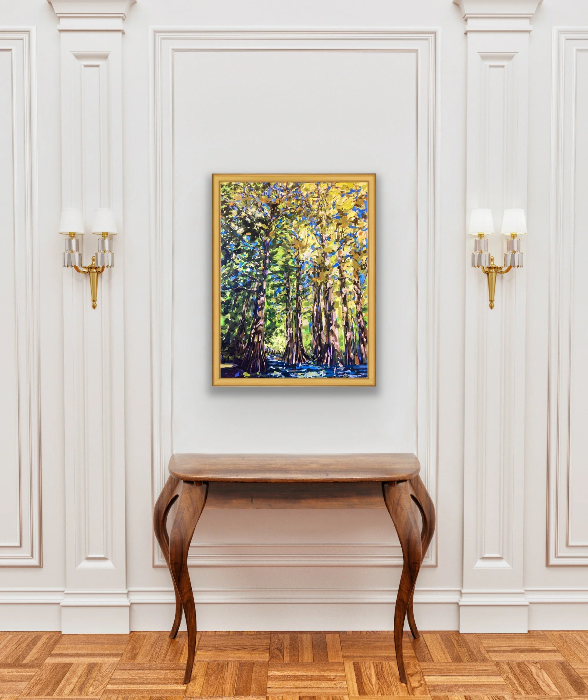 Original landscape painting of the Greenville Cypress Preserve in the Mississippi Delta by Jennifer Drinkwater. A richly textured artwork capturing the beauty of Southern wetlands and swamps.