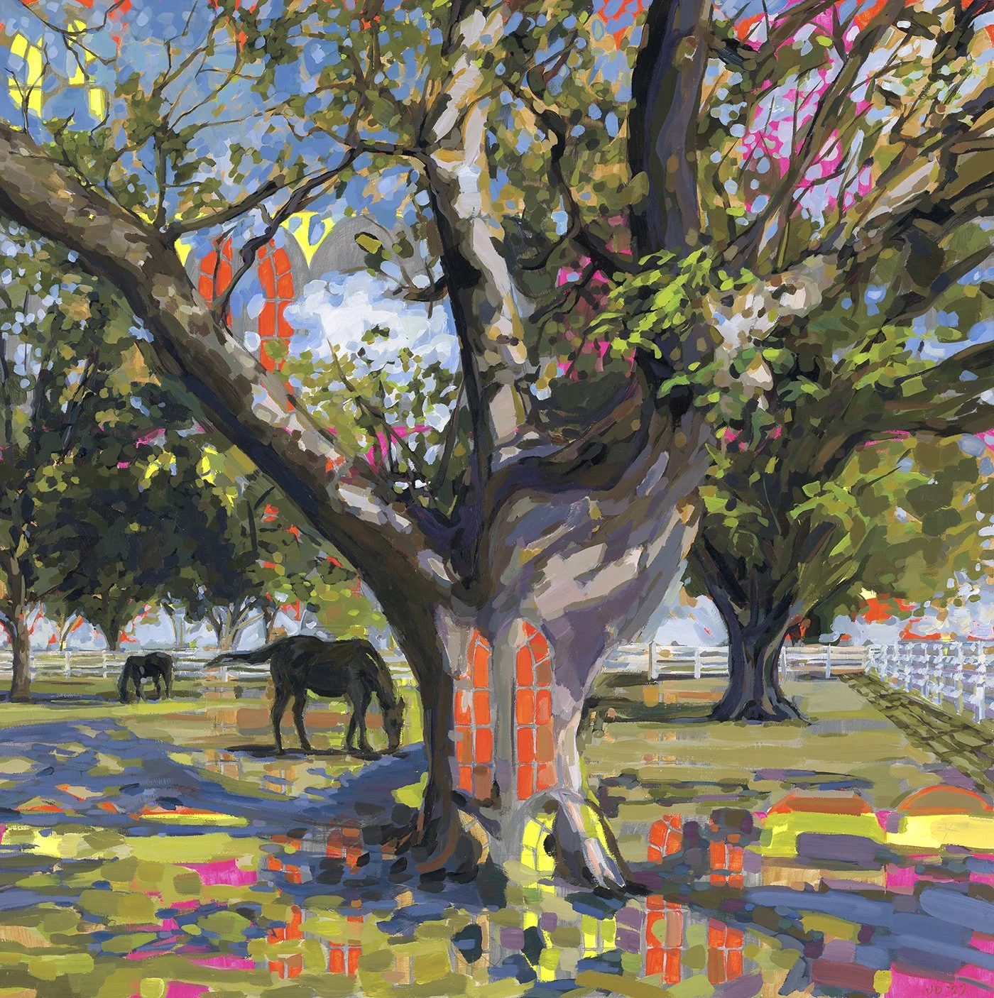 "Five Days Gone" limited-edition art print by Jennifer Drinkwater from The What’s Good Project, depicting horses grazing in a pecan grove on a Mississippi Delta farm.