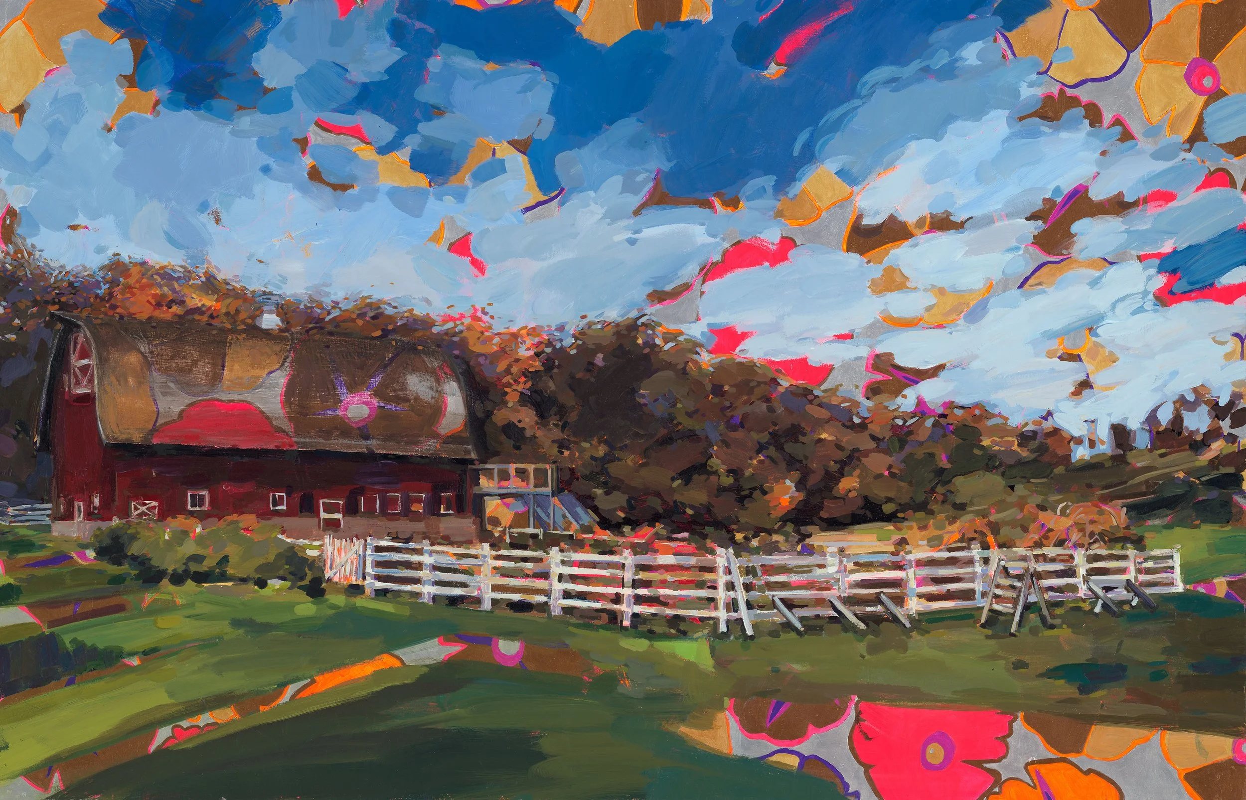 Seed Savers Exchange by Jennifer Drinkwater – a vibrant Iowa farm landscape with rolling fields, historic barns, and bold colors, part of The What’s Good Project.