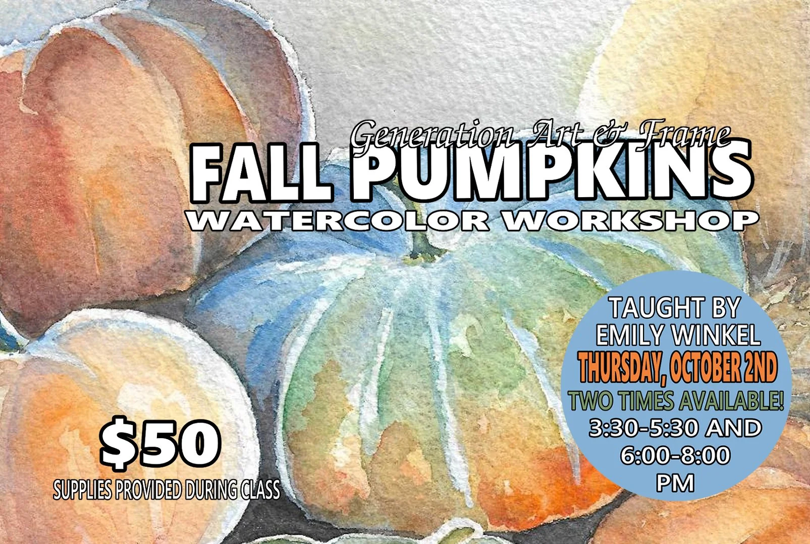 Watercolor Workshop: Fall Pumpkins Evening Class