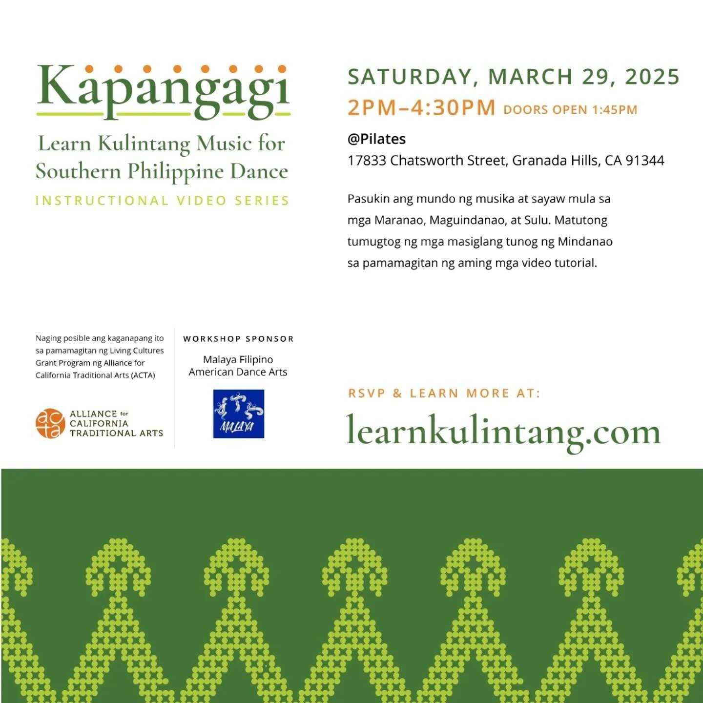 Let&rsquo;s jam together this March 29 from 2pm-4:30pm for a community launch of Kapangagi: Instructional 
Kulintang video series!

Malaya is excited to sponsor the Los Angeles community launch of Kapangagi.  Learn kulintang songs and how to apply th