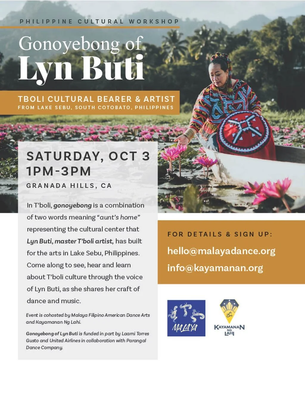 In T&rsquo;boli, gonoyebong is a combination of two words meaning &ldquo;aunt&rsquo;s home&rdquo; representing the cultural center that Lyn Buti, master T&rsquo;boli artist, has built for the arts in Lake Sebu, Philippines. 
Come along to see, hear a