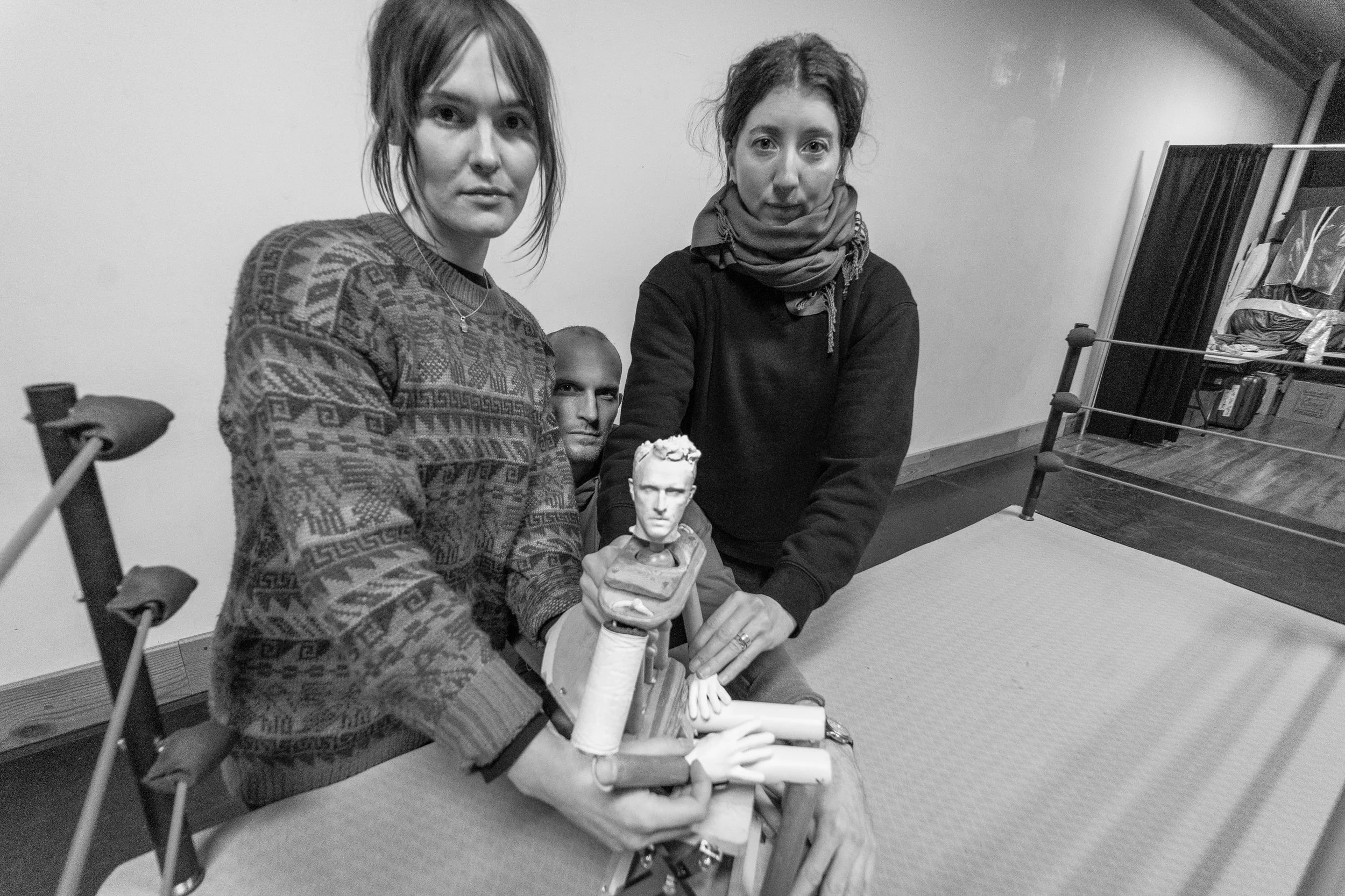   Kayfabe:  how the ritual of performance bleeds into reality and how reality bleeds into performance.  January 2024 rehearsals. Photo by Bob Doyle.   Special Thanks to the Indiegogo Crowdfunding Support From:    Puppetmaniacs:  James Alefantis, Bill