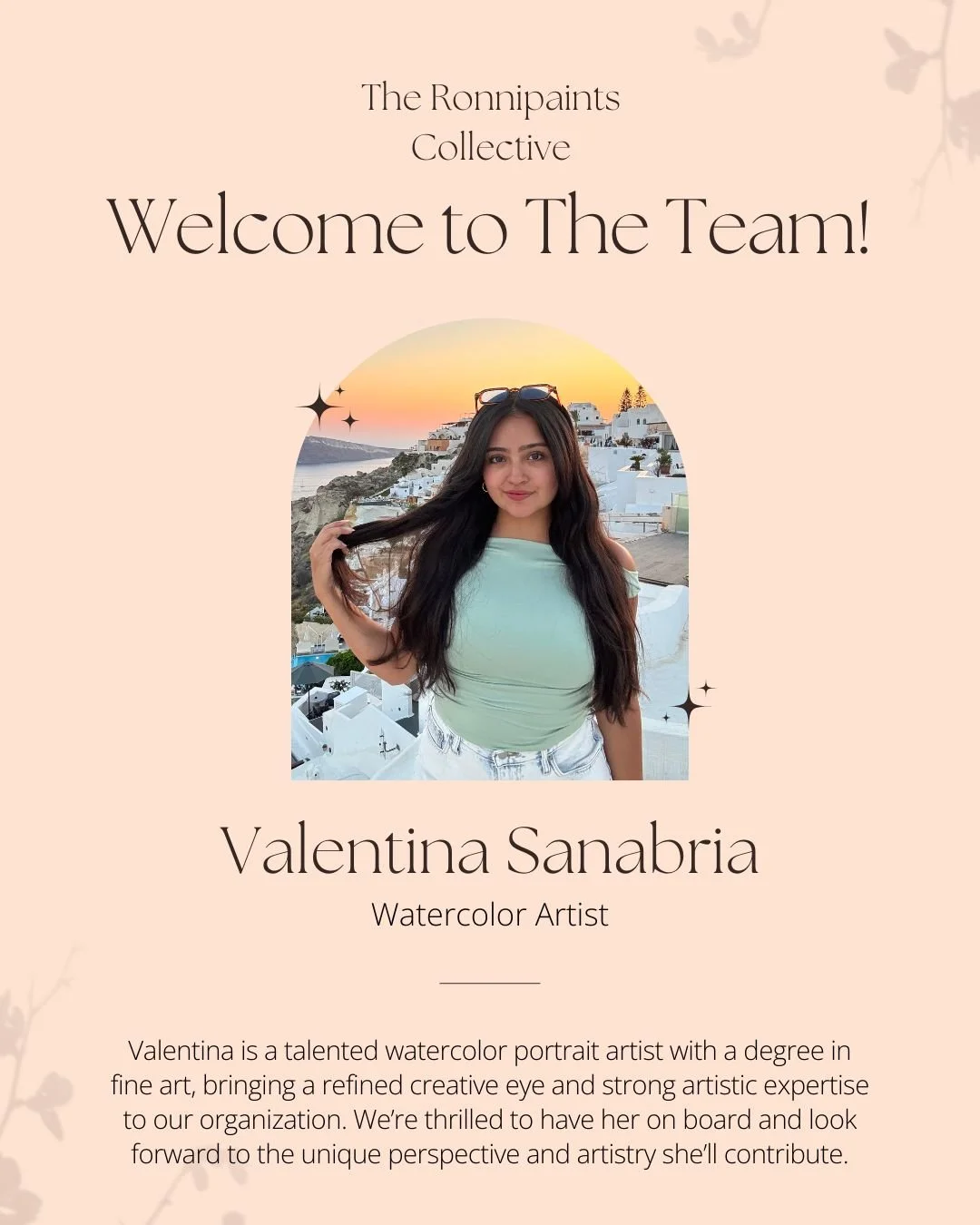 🌟 Introducing Valentina! 🎨✨ A talented fine art graduate and rising star in the art world, we're thrilled to have her join the Ronnipaints Collective team! 🌈❤️ Valentina will be capturing beautiful moments with her stunning watercolor guest portra