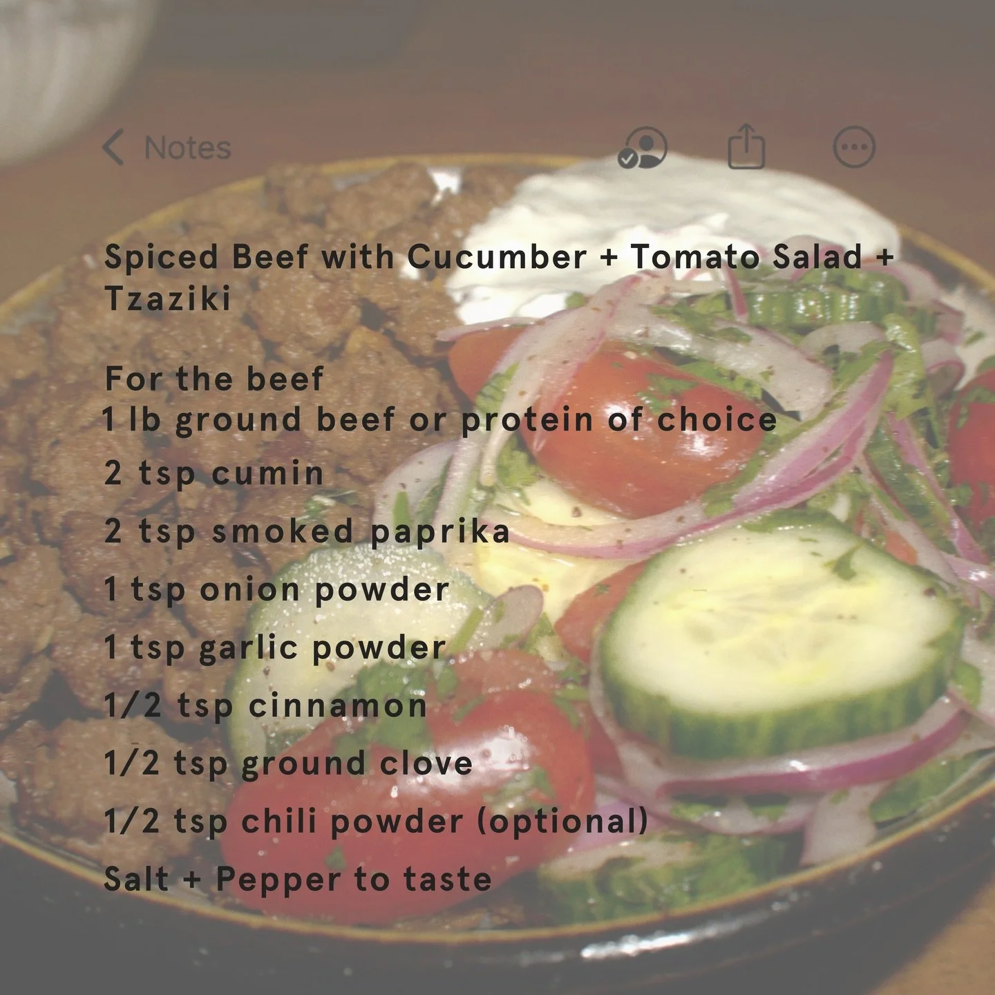 New recipe drop from @cassigill ✨✨ Spiced Beef with Cucumber + Tomato Salad with Tzatziki 🥗 Swipe for step by step!
