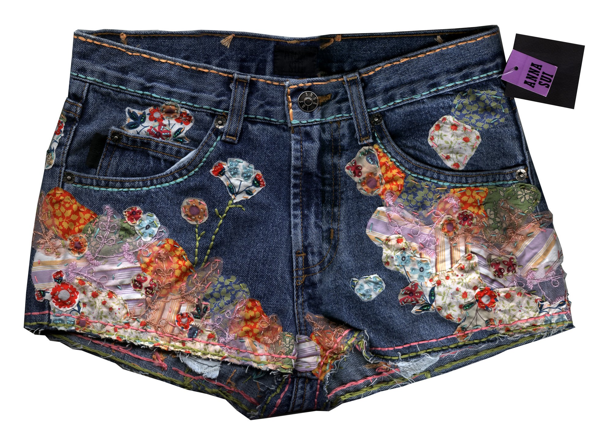 Anna Sui Spring 2002 Embellished Denim Shorts