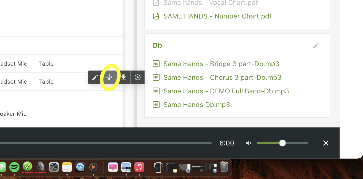 A computer screen showing a music playlist with audio files in MP3 format, some with titles related to matching hand gestures and music work. A control bar for playback at 6 minutes, with editing options highlighted on the playlist.