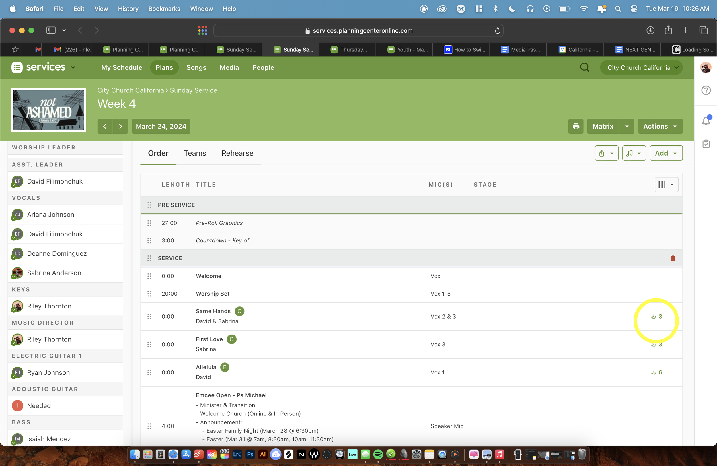 Screenshot of a church service planning schedule on a website, listing timings and details for worship service elements such as welcome, worship set, songs, and announcements, with a sidebar of team members and roles.