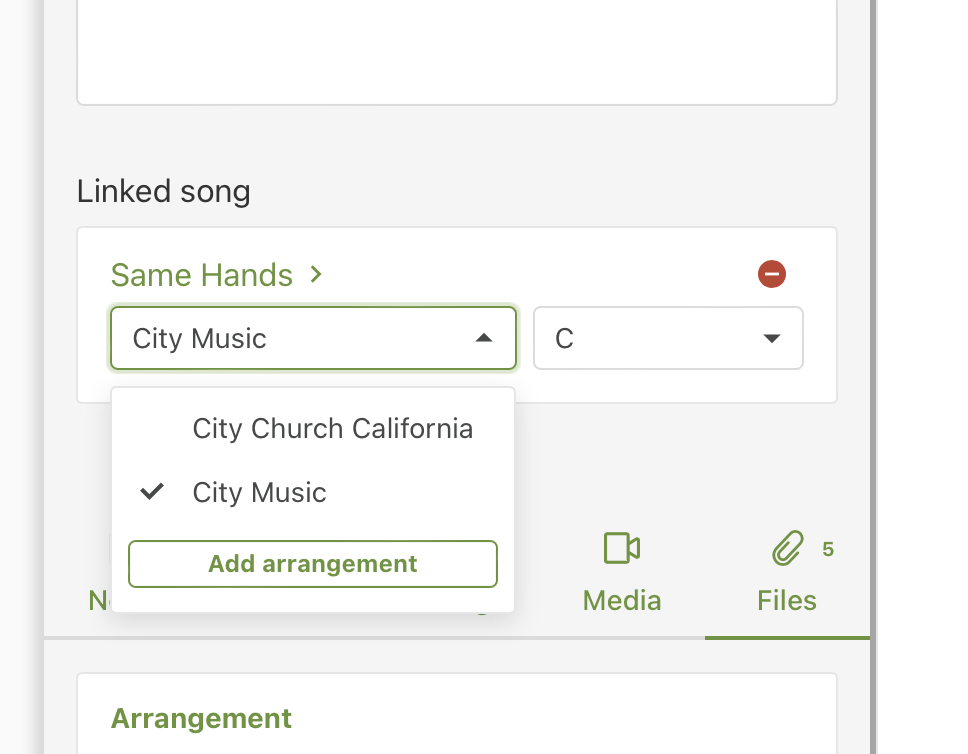 Screenshot of a music linkage interface showing a dropdown menu with options 'City Church California' and 'City Music' and a button 'Add arrangement'.