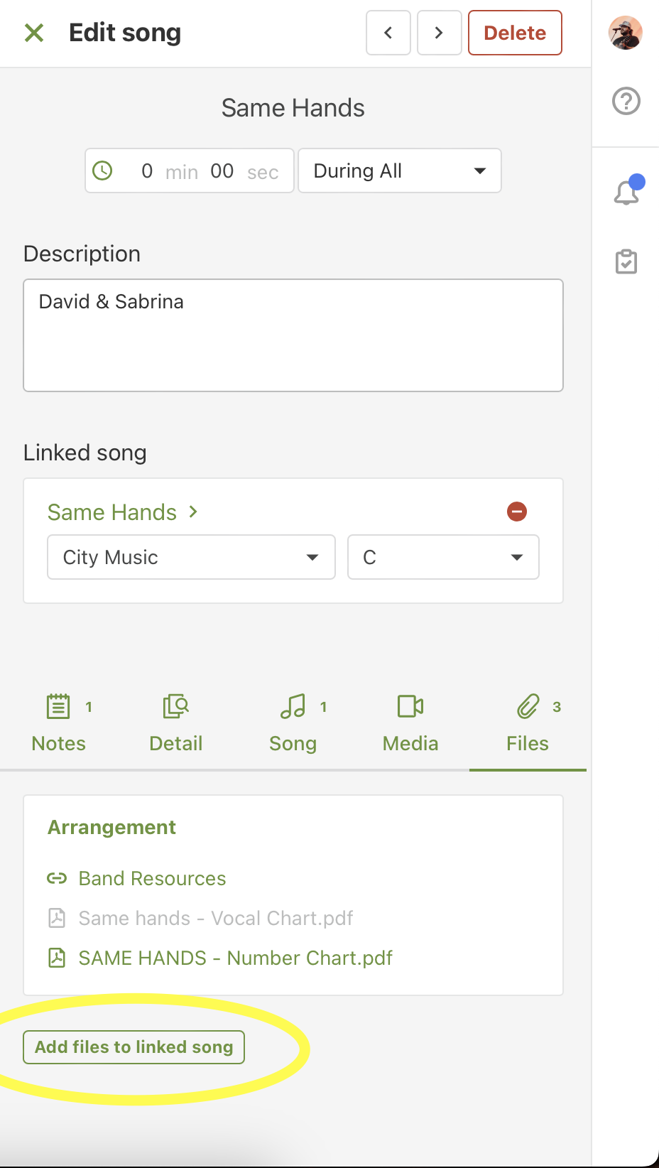 Screenshot of a music editing software interface showing options to add files to a linked song named 'Same Hands' by David & Sabrina, with navigation options at the bottom including Notes, Detail, Song, Media, and Files.