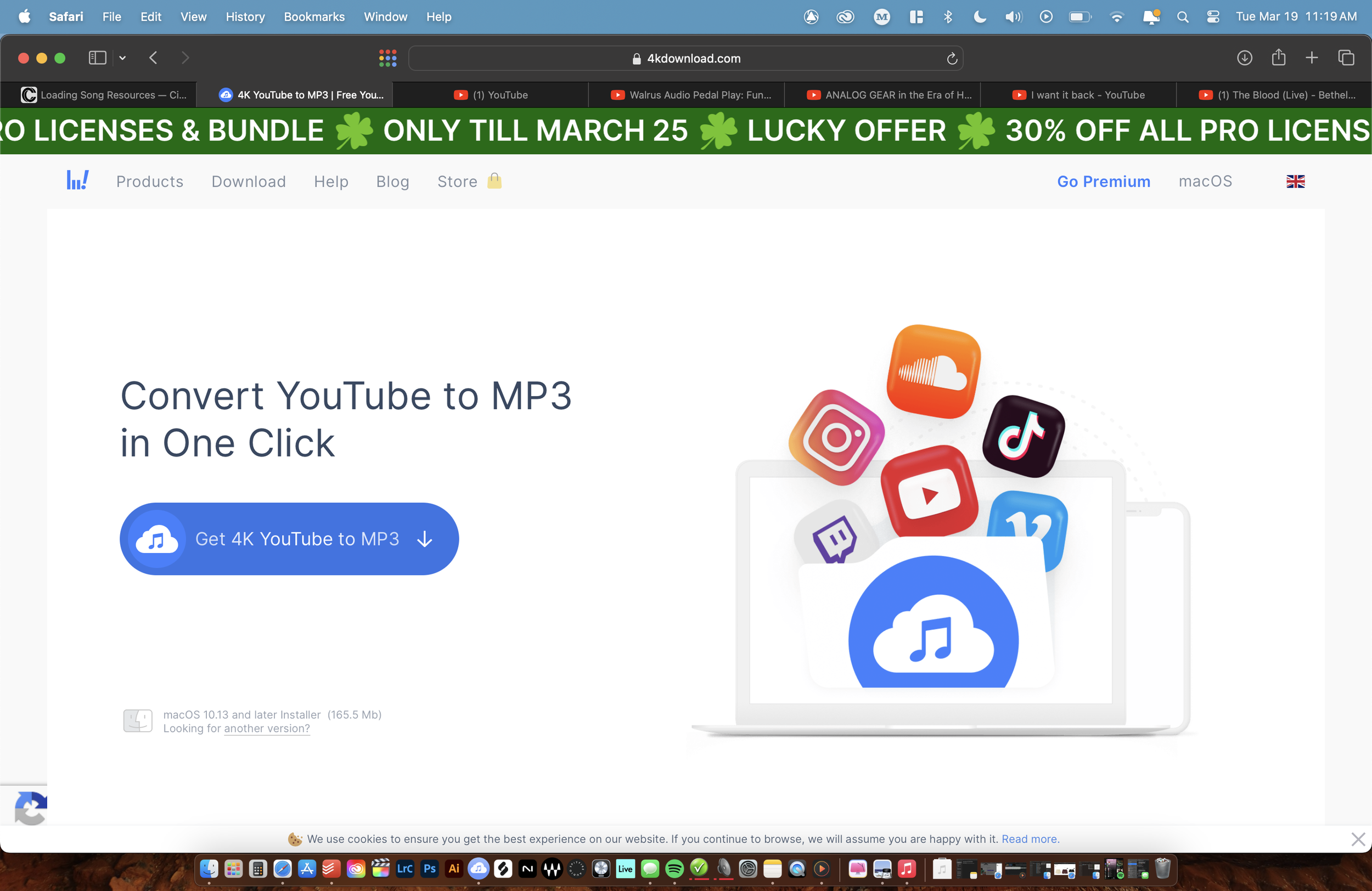 Screenshot of a website offering conversion of YouTube videos to MP3 files with a blue button labeled 'Get 4K YouTube to MP3', and various app icons such as SoundCloud, Instagram, TikTok, YouTube, Twitch, and Spotify, displayed around a laptop graphic.