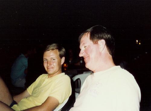 Mark Cowles and Lindell Hendricks are relaxing at Busters in Guam during the April 1988 deployment.jpg