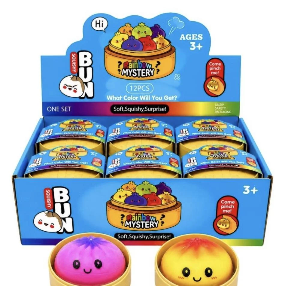Rainbow Mystery Squishy Bun Fidget Toy in Steamer Basket with Random Colour Surprise