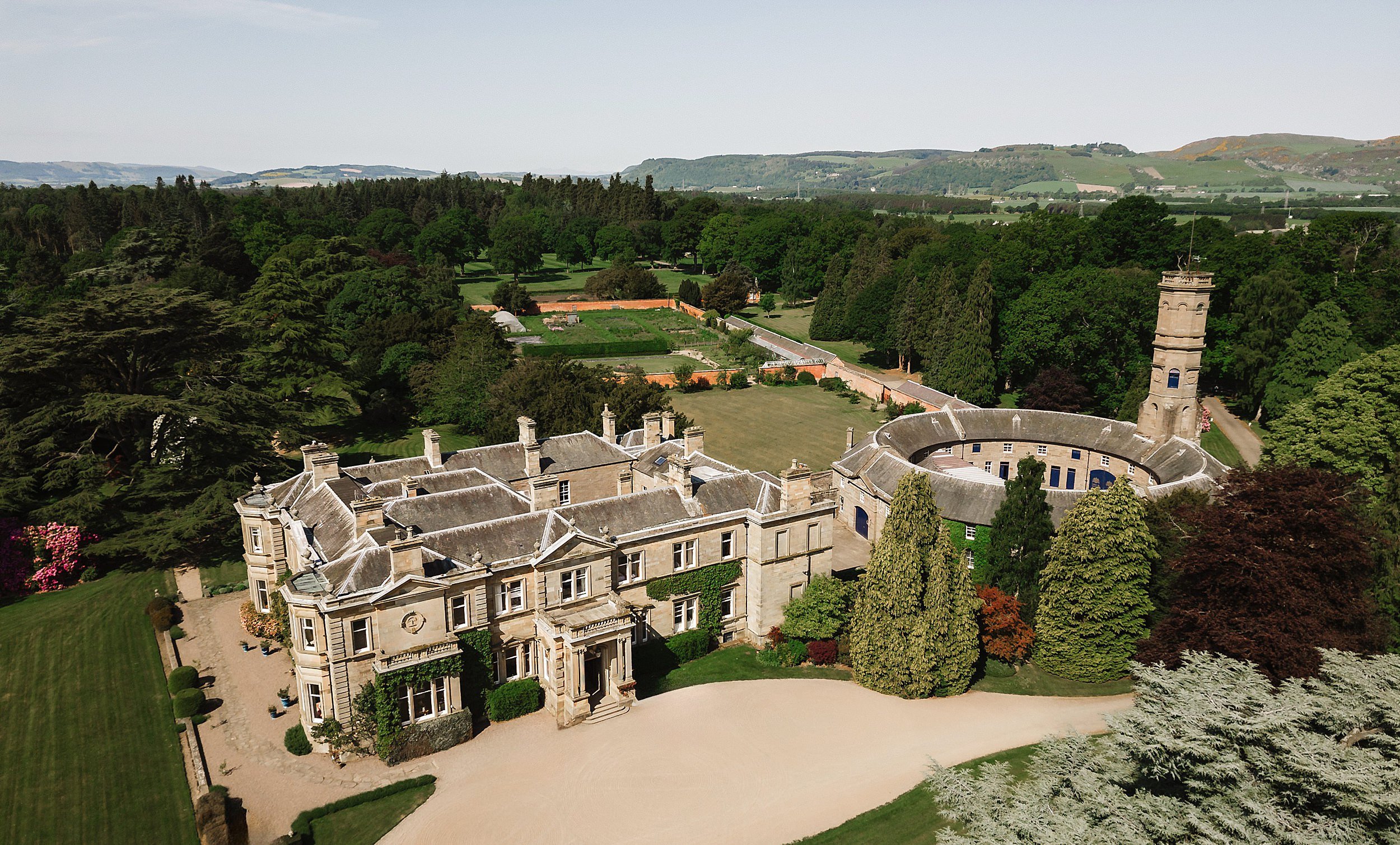 outside aerial view of errol park wedding venue a stately home set in the Perthshire countryside in Scotland