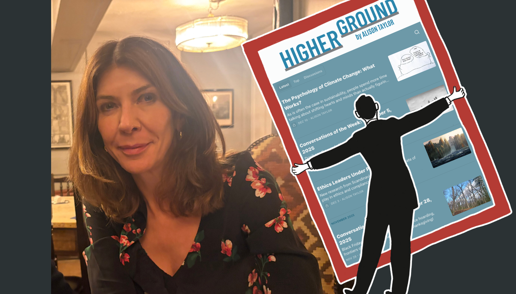 A profile photo of Alison Taylor and a screenshot of ‘Higher Ground.'