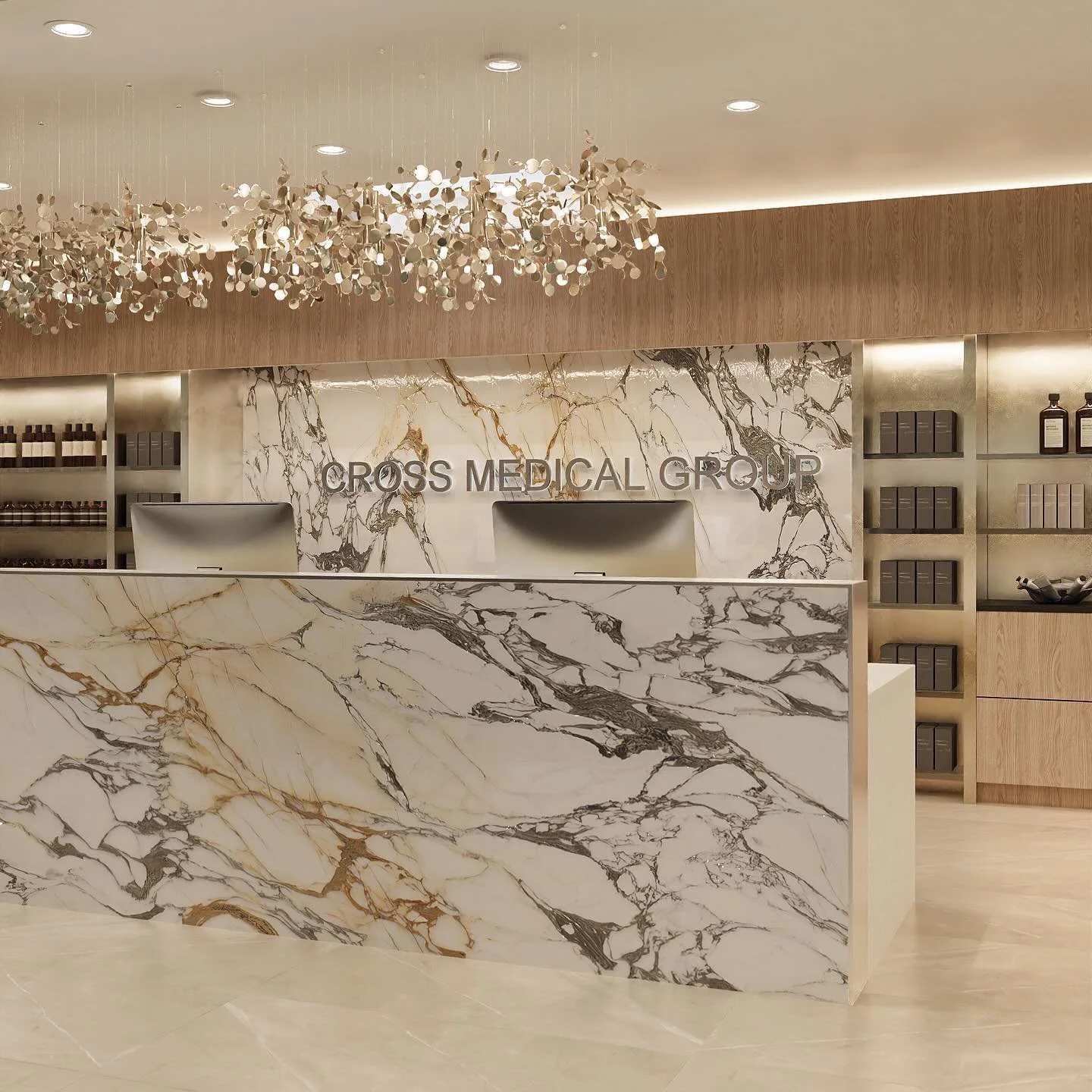 The reception area of Cross Medical Group&rsquo;s new Villanova location sets the mood for our design through a blend of layered materials and soft lighting. Brushed nickel accents catch the light in just the right way, highlighting the surrounding s
