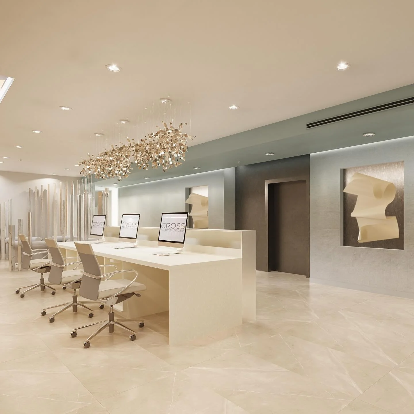 Loving how the renderings came together for Cross Medical Group&rsquo;s new reception space. We layered in soft ombre wallpaper, mixed metals, and built-in art niches to highlight sculptural pieces, all working together to create a welcoming, elevate