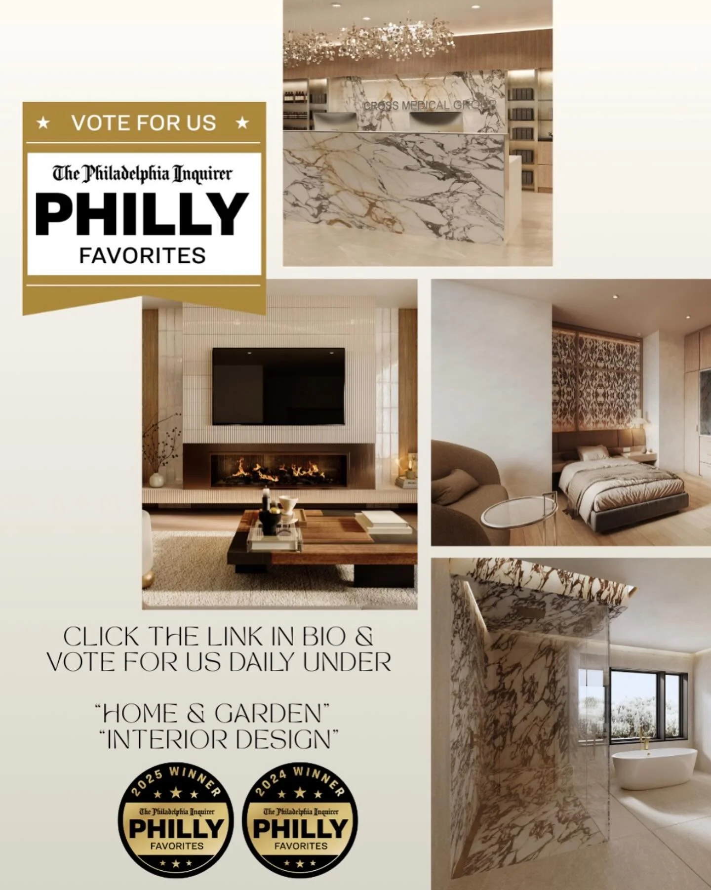We're grateful for the nomination as the 2026 Philly's Favorite Interior Designer. Please vote for us in 'Home &amp; Garden' and 'Interior Design' through the link in our bio. Voting ends 2/27. ✨