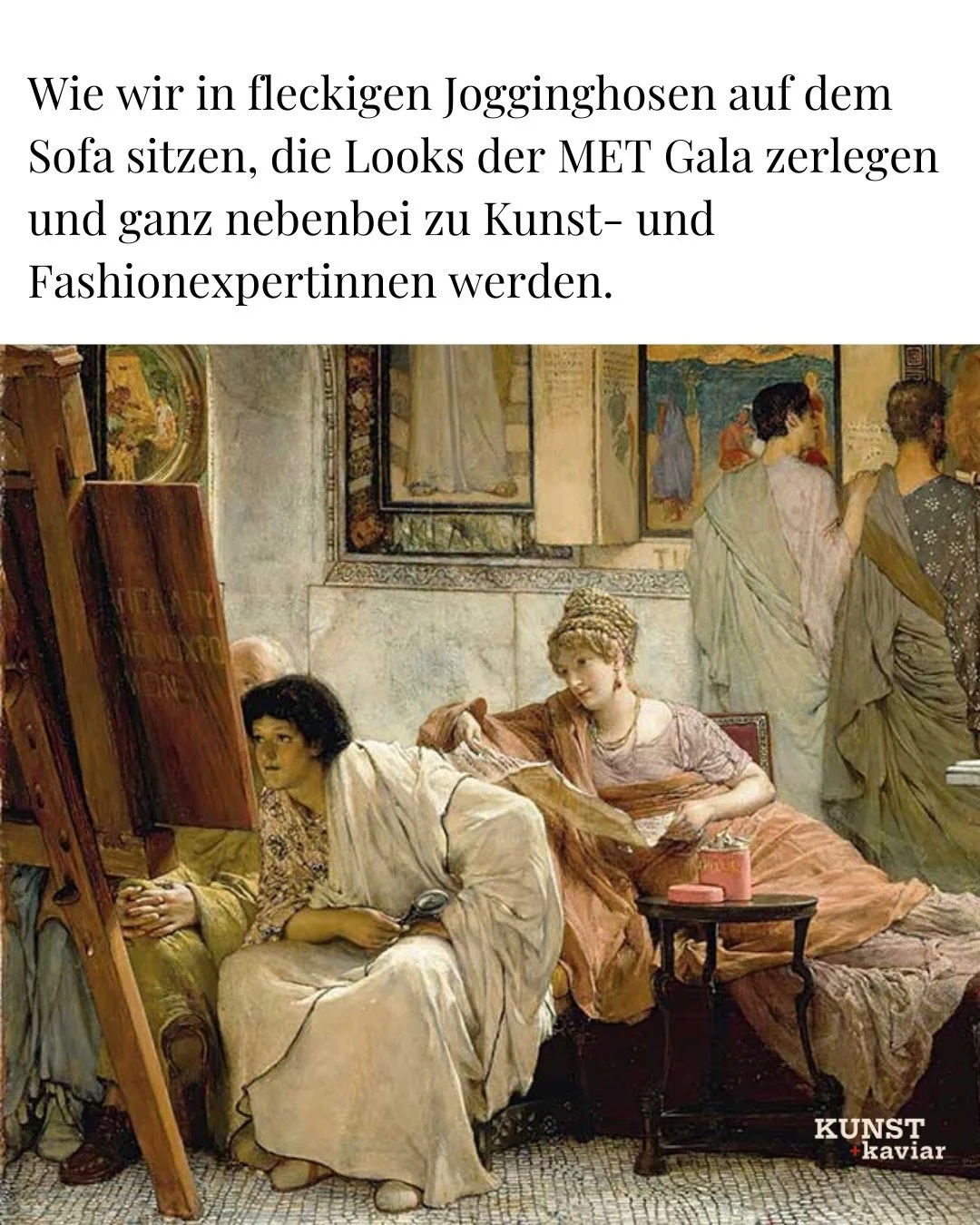 Freund:innen der Kunst,

Heutige war es noch stressiger aber versprochen ist versprochen. Zwischen Workshops und der Einf&uuml;hrung  in die neue Ausstellung gab es DAS gro&szlig;e Thema: die Looks der  MET Gala. F&uuml;r jemanden der Kunst und Mode 