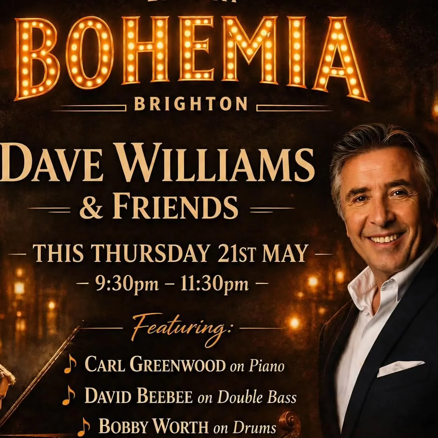 Join us at @bohemiabrighton tonight for live music and cocktails.
9pm downbeat 
#livemusic 
#music 
#swingmusic
#jazz 
#popmusic 
www.davewilliamsmusic.co.uk