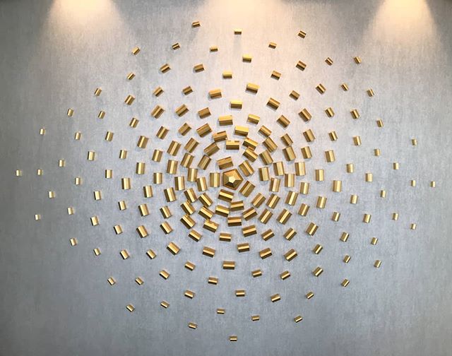 A fibonacci design,  Finished using gold leaf, installed in a cruise ship restaraunt/bar #fibbonacci #artfabrication #installation #design #goldleaf #instadaily #makersmovement #create #