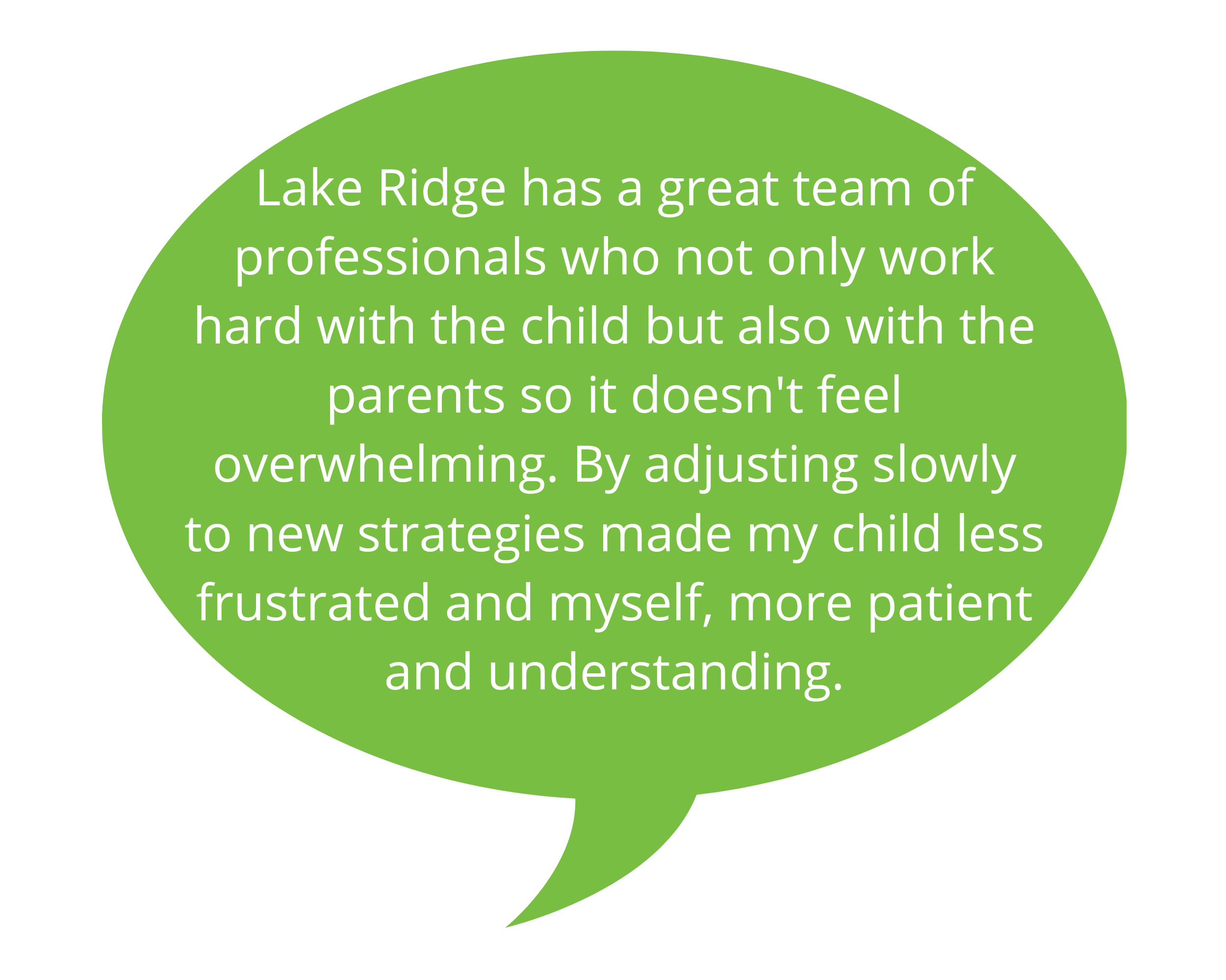   Lake Ridge has a great team of professionals who not only work hard with the child but also with the parents so it doesn't feel overwhelming. By adjusting slowly to new strategies made my child less frustrated and myself, more patient and understa