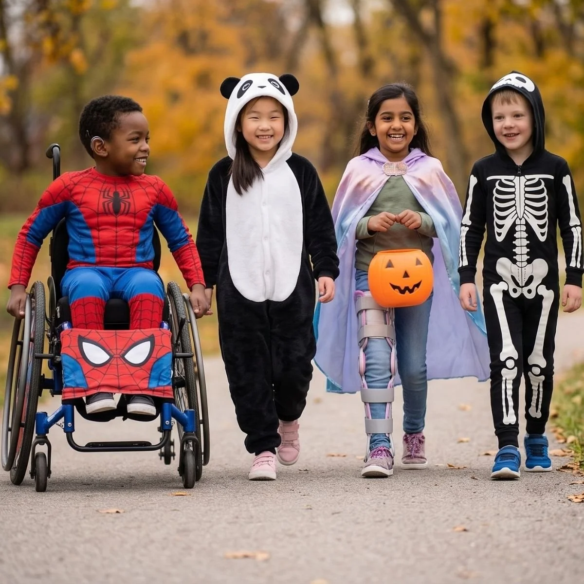 Kids on pathway in adaptive and sensory Halloween costumes.