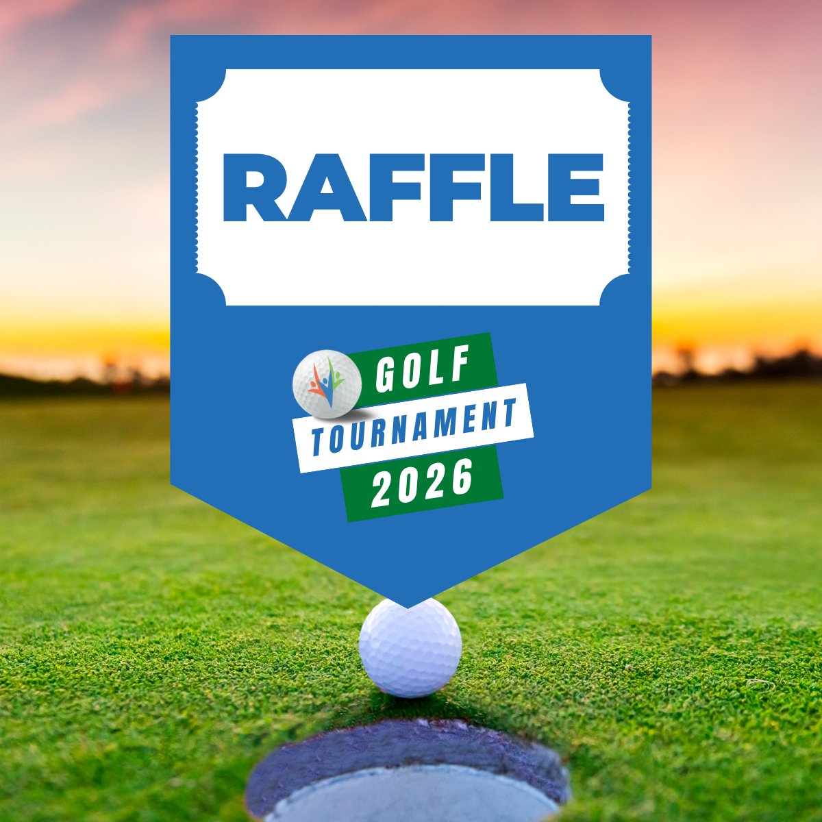 RAFFLE graphic over top of golf ball dropping into hole.