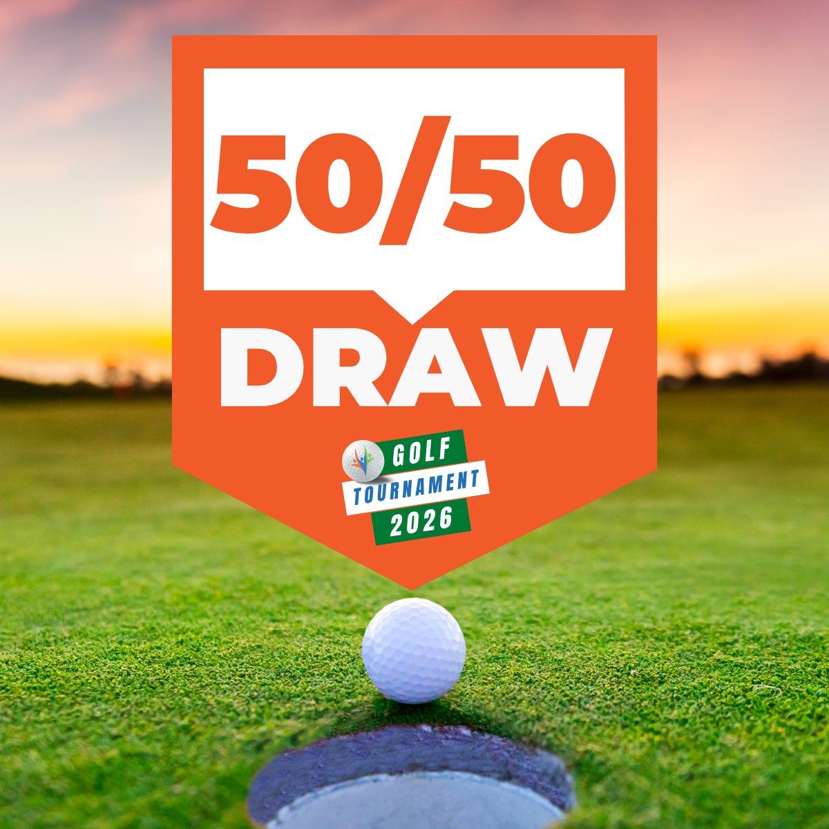 50/50 Draw graphic over top of golf ball dropping into hole.