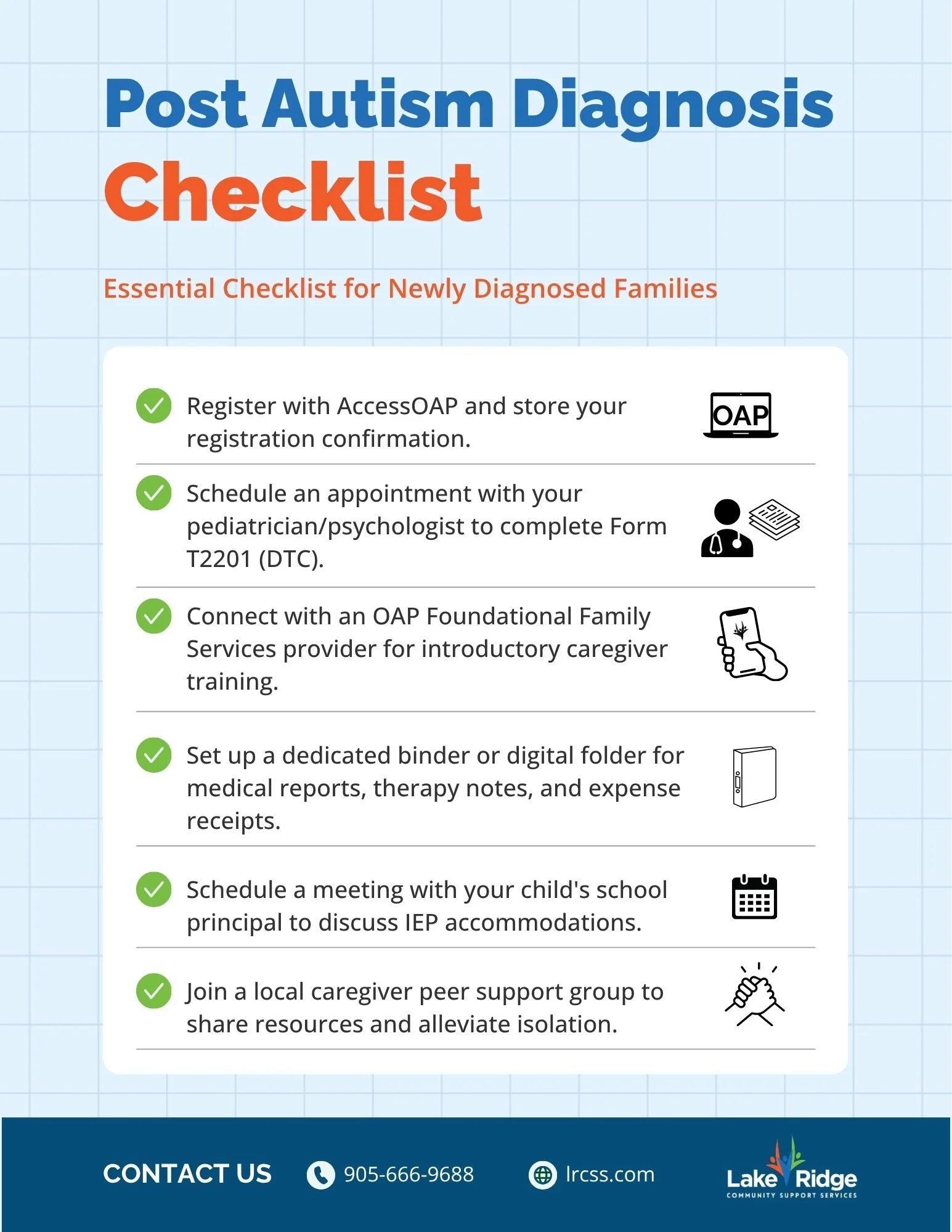 A clean, accessible checklist graphic for families following an autism diagnosis.