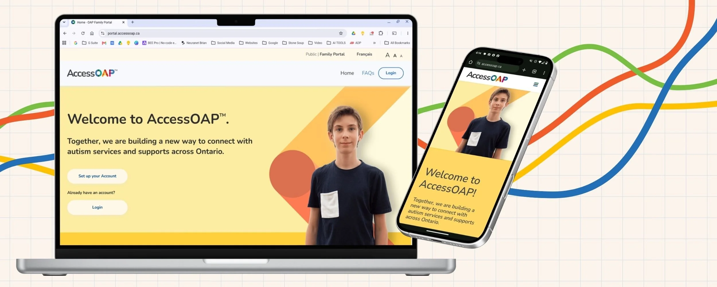Access OAP laptop and mobile mock-up images on grid background with orange, blue, green and yellow curved lines in the background.