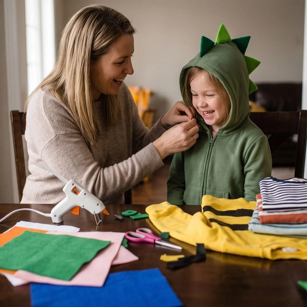 Mom helping daughter with DIY Dinosaur Hoodie Costume.