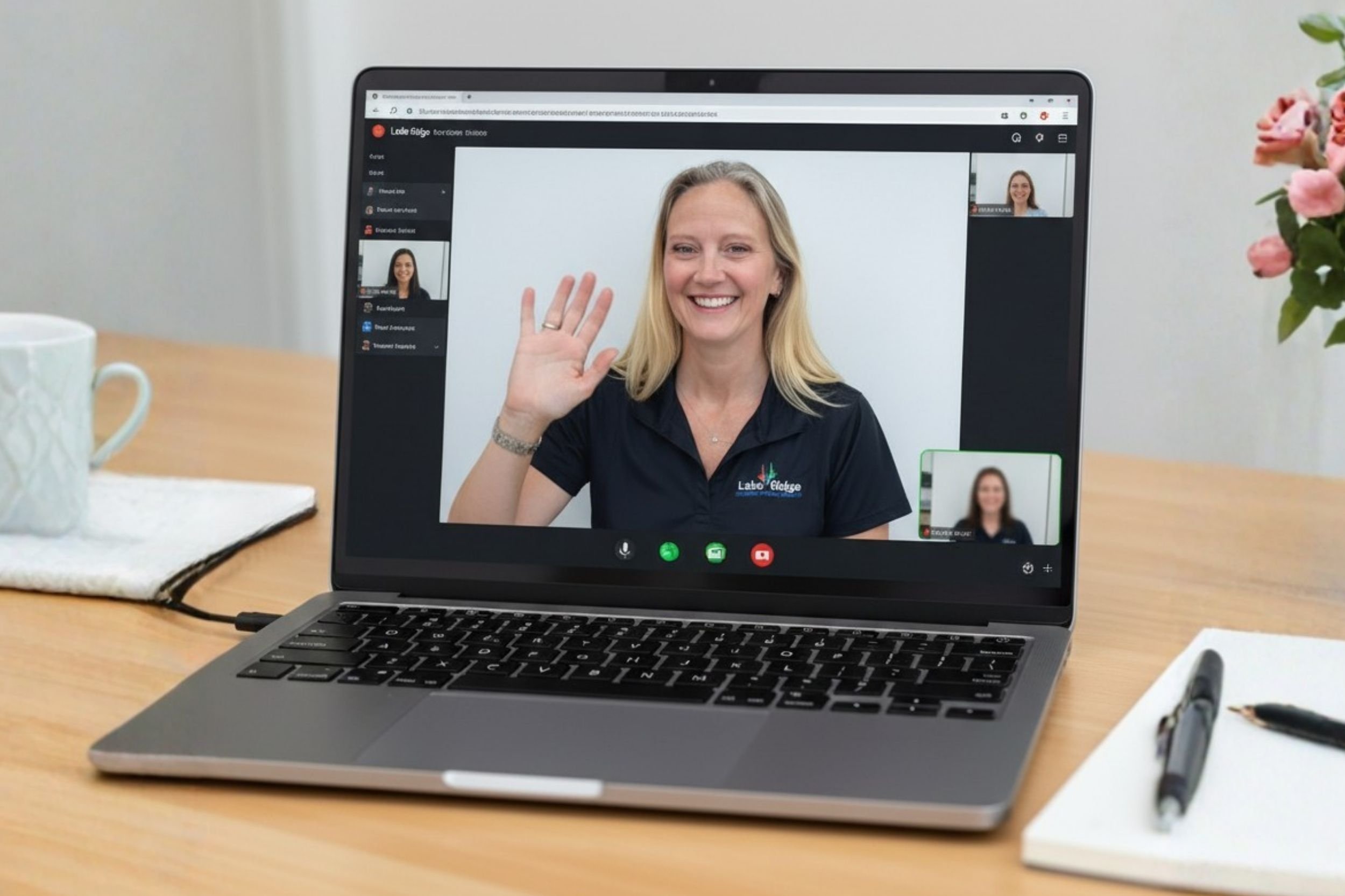 Clinician waving from video call on laptop