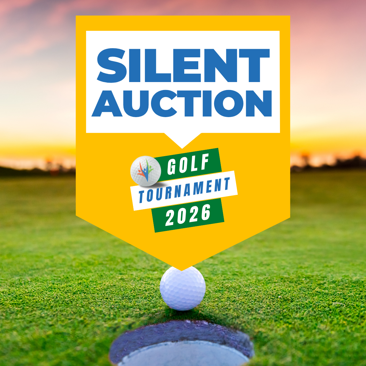 Silent Auction ggraphic over top of golf ball dropping into hole.