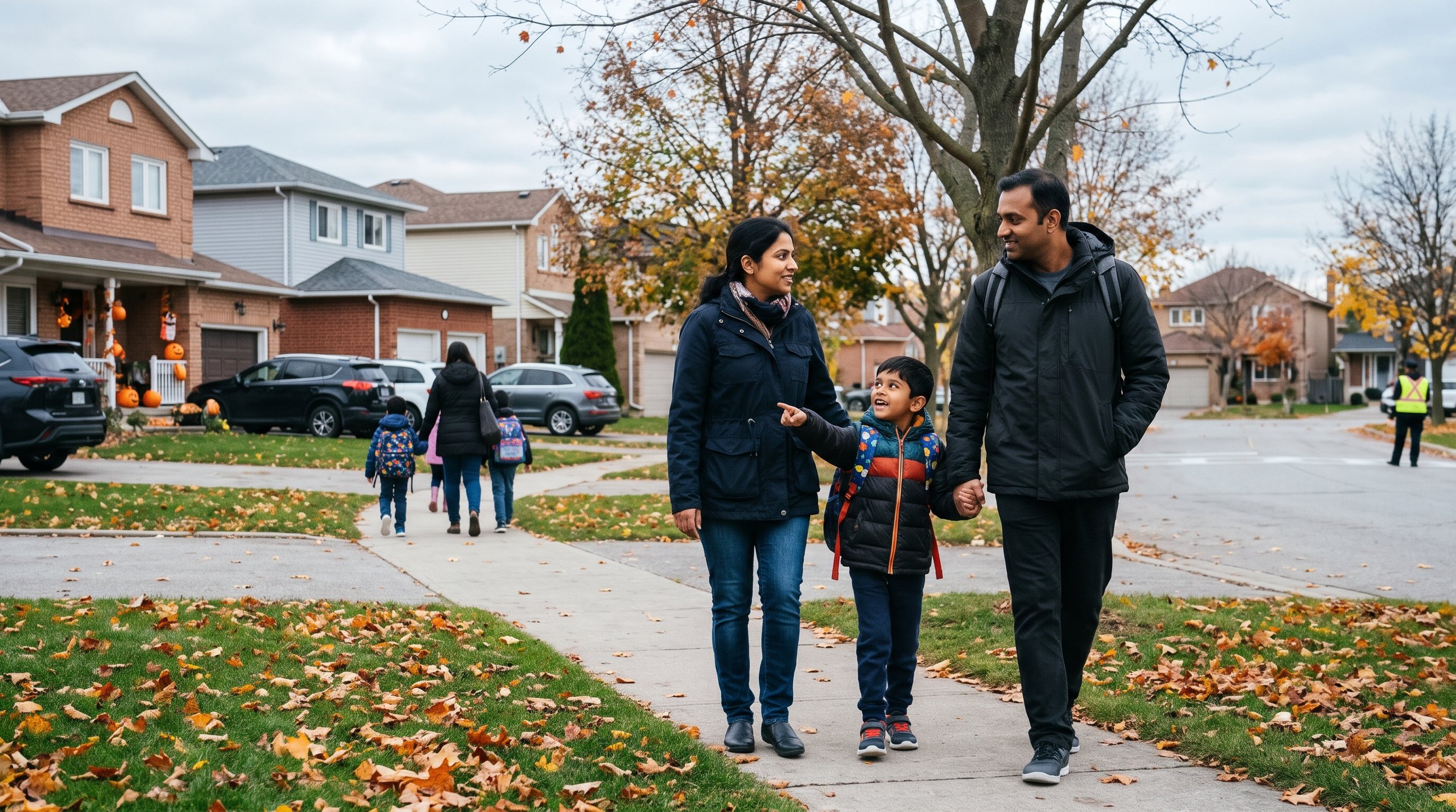 mother son and father walking to school