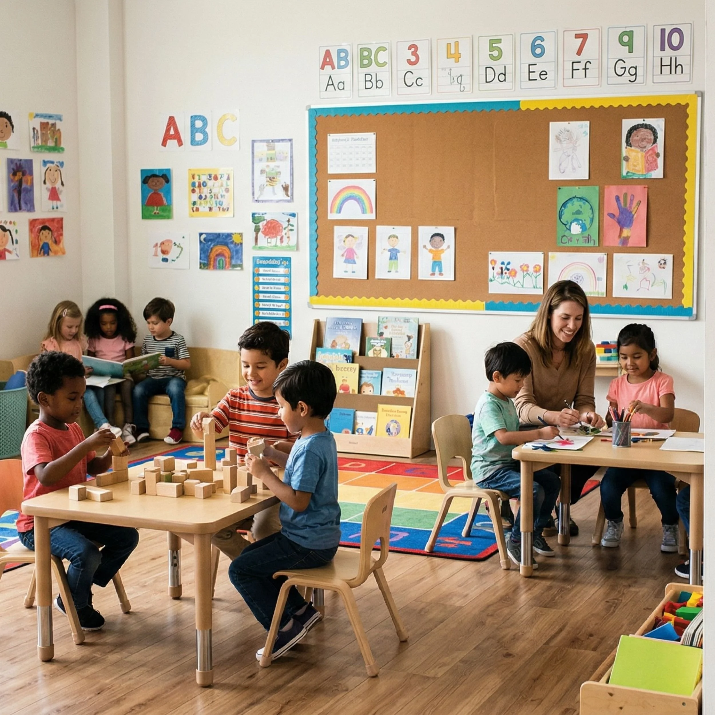 Image of a kindergarten classroom with students playing and learning.