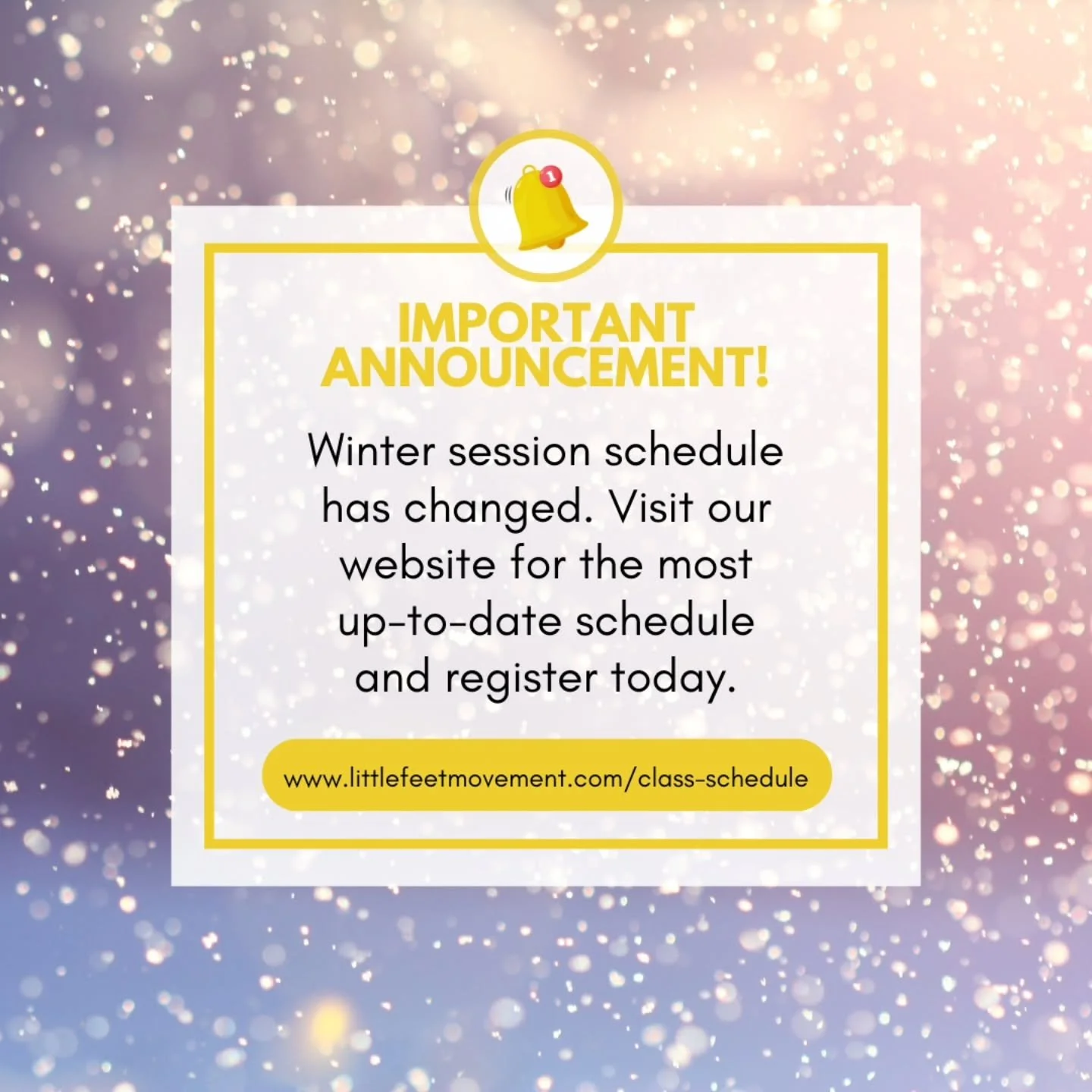 Winter session is just around the corner! 

Please note that there have been some changes to the class schedule, so be sure to take a look and find the option that works best for your family. Spots are limited, so I encourage you to register as soon 