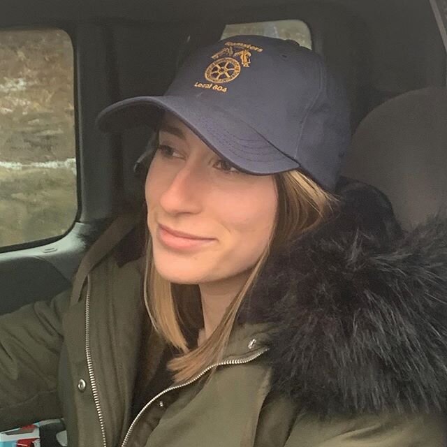 Raquel wearing a union made baseball cap, embroidered for the Teamsters