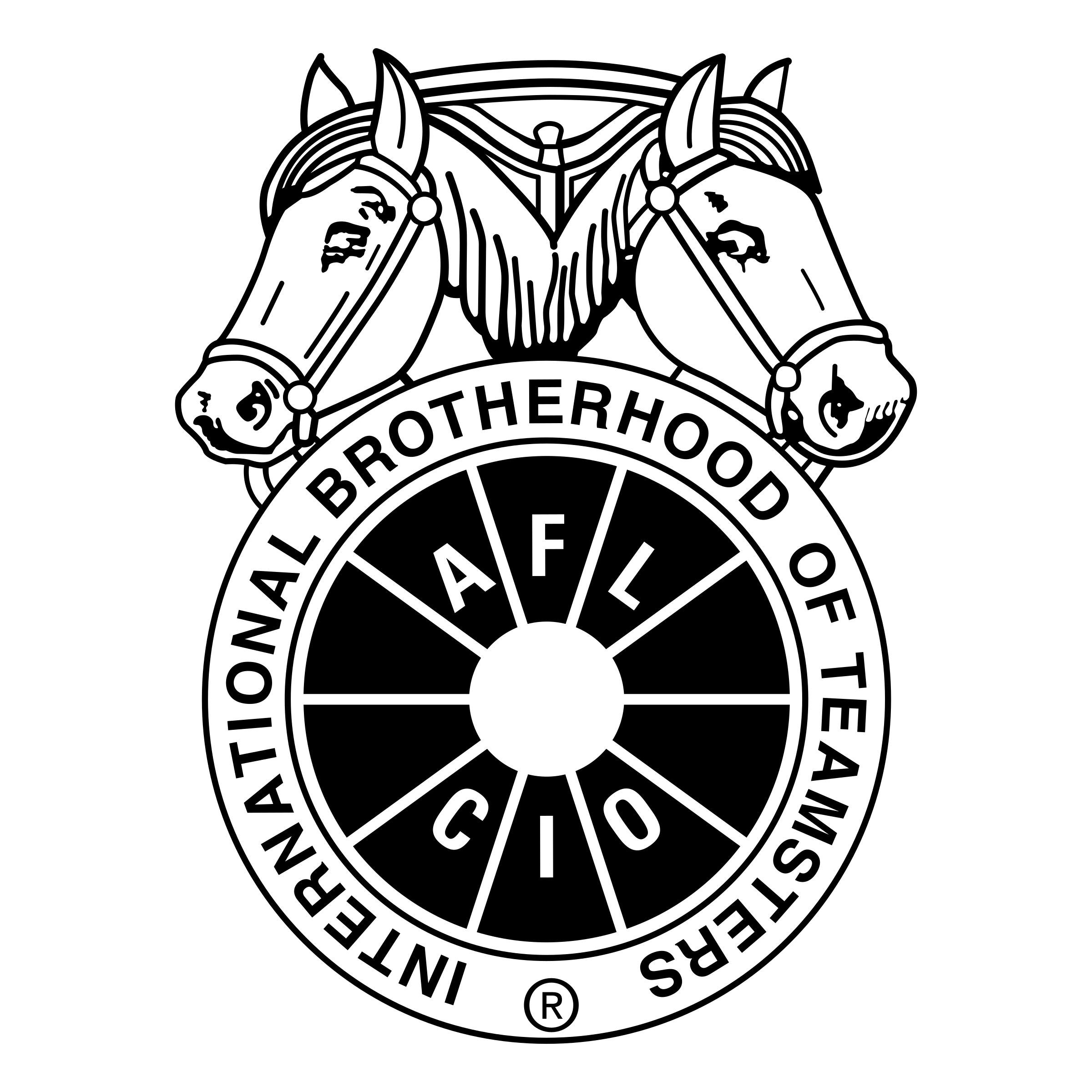 Black and white logo featuring a stylized horse head with a mounted rider, surrounded by circular text reading 'International Brotherhood of Teamsters'