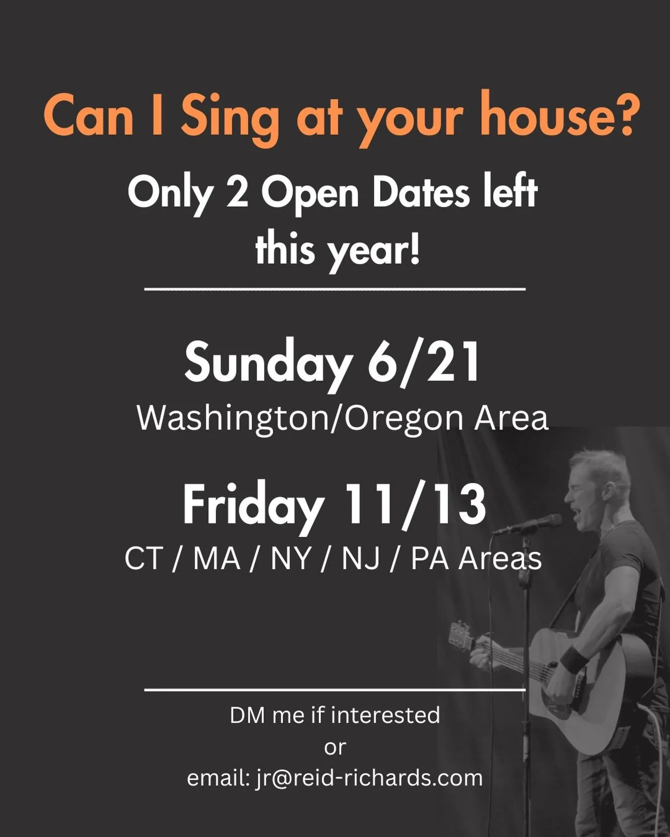One of my favorite things I get to do is sing in people&rsquo;s living rooms. 🎸

I only do a handful of private house shows each year and I&rsquo;m down to just 2 open dates left for 2025:

📍 Sunday 6/21 - Washington/Oregon area
📍 Friday 11/13 - C