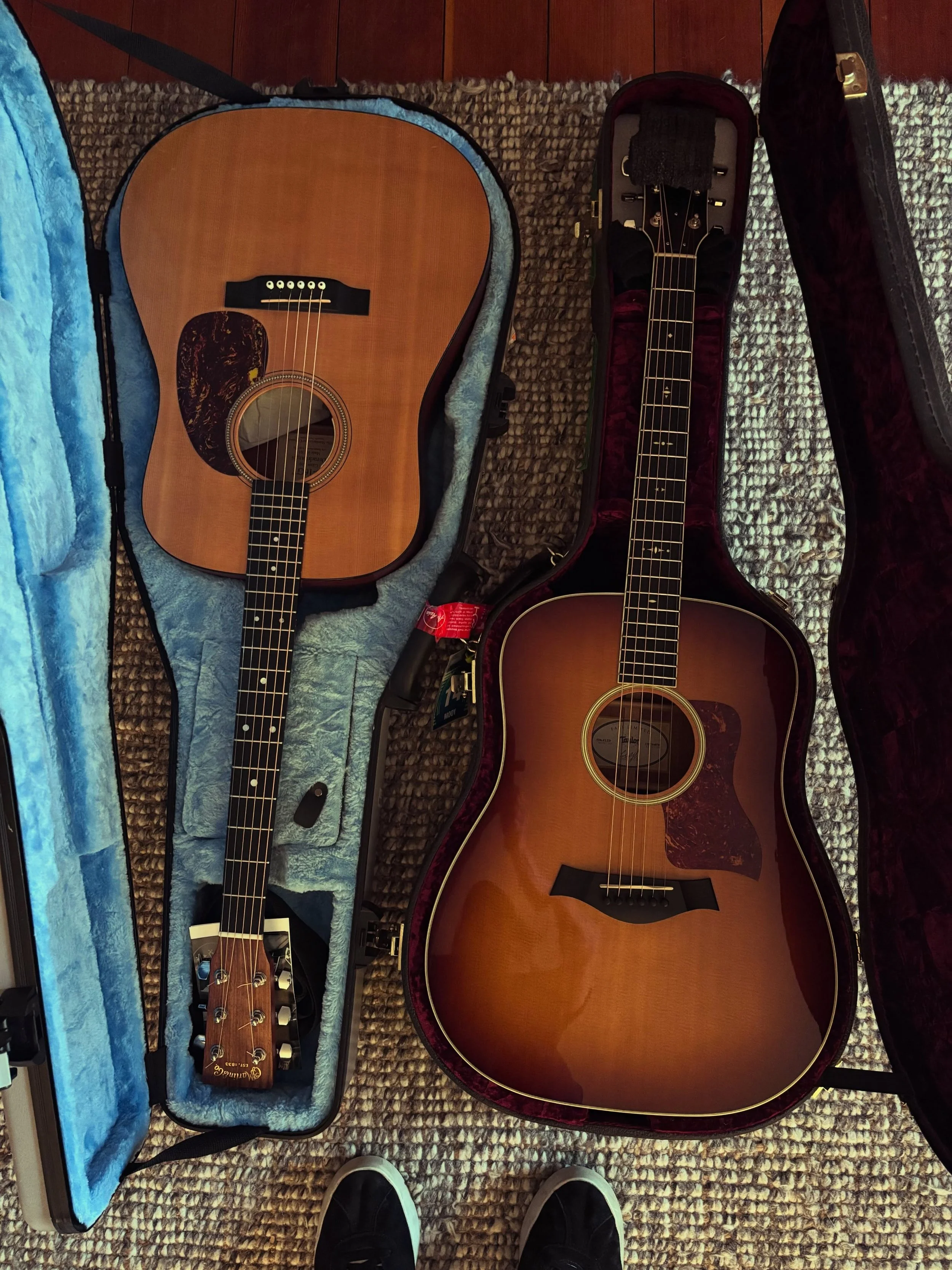 My 2 guitars for tonight&rsquo;s show in Klamath Falls, OR. A huge THANK YOU to John Mooy @guitarsaremooybien for mending both my Martins and lending me the Arrow Taylor for this weekend. 🙃 My Black Martin is still in surgery (see 2nd pic) you are a