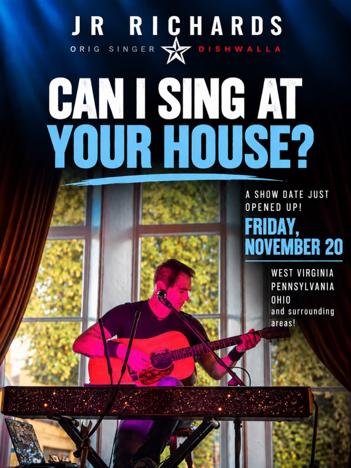 🇺🇸 CAN I SING AT YOUR HOUSE ON NOVEMBER 20? 🎵

Hey all!

One of my November shows has had to be rescheduled, which means I suddenly have FRIDAY, NOVEMBER 20 open!

West Virginia, Pennsylvania, Ohio, Michigan &mdash; I&rsquo;m looking at you! 👀

I