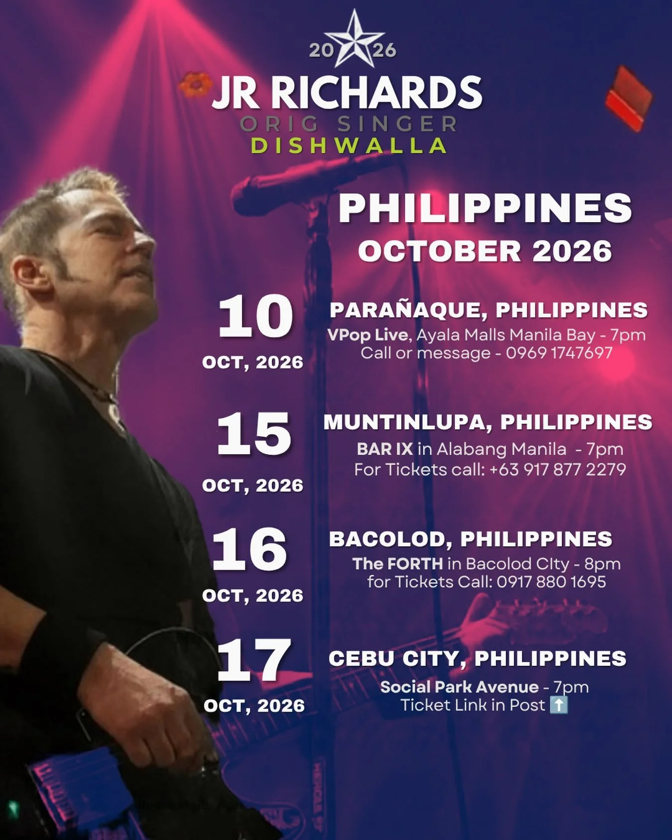🇵🇭 PHILIPPINES, I&rsquo;M COMING BACK! 🇵🇭
Four nights in October, singing the songs you grew up with. Can&rsquo;t wait to see you there.
📍 Sat, Oct 10 | Para&ntilde;aque
VPop Live, Ayala Malls Manila Bay | 7pm
Tickets: call or message 0969 174 7