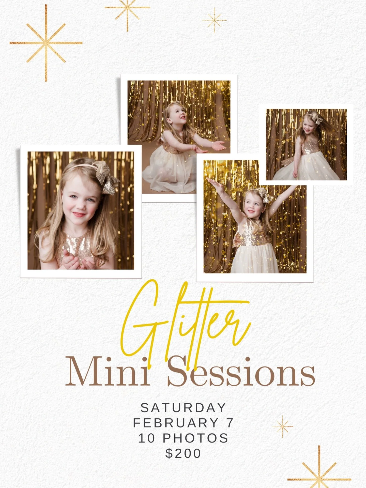 ✨Glitter Mini Sessions are here!&nbsp;✨✨

If your little one loves to sparkle, twirl, and feel a little magical &mdash; these sessions are for you.&nbsp;

Glitter Minis are quick, fun, and full of personality, designed to capture genuine smiles, move