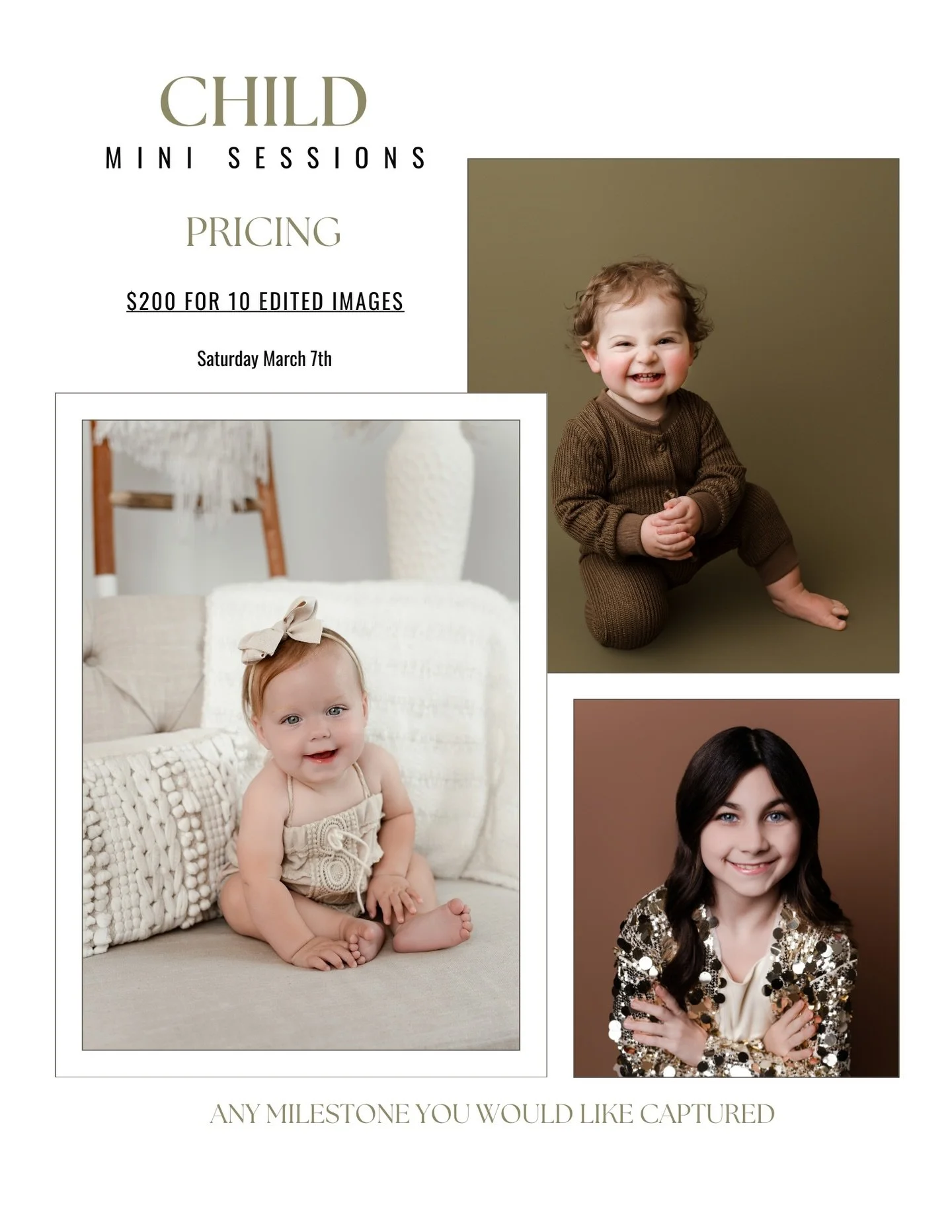 They won&rsquo;t be this little forever 🤍

Child Mini Sessions are perfect for capturing birthdays, milestones, and personality portraits in a timeless studio setting.

✨ $200 | 10 edited images 📅 March 7th 📍 Studio
Limited spots available.
DM to 