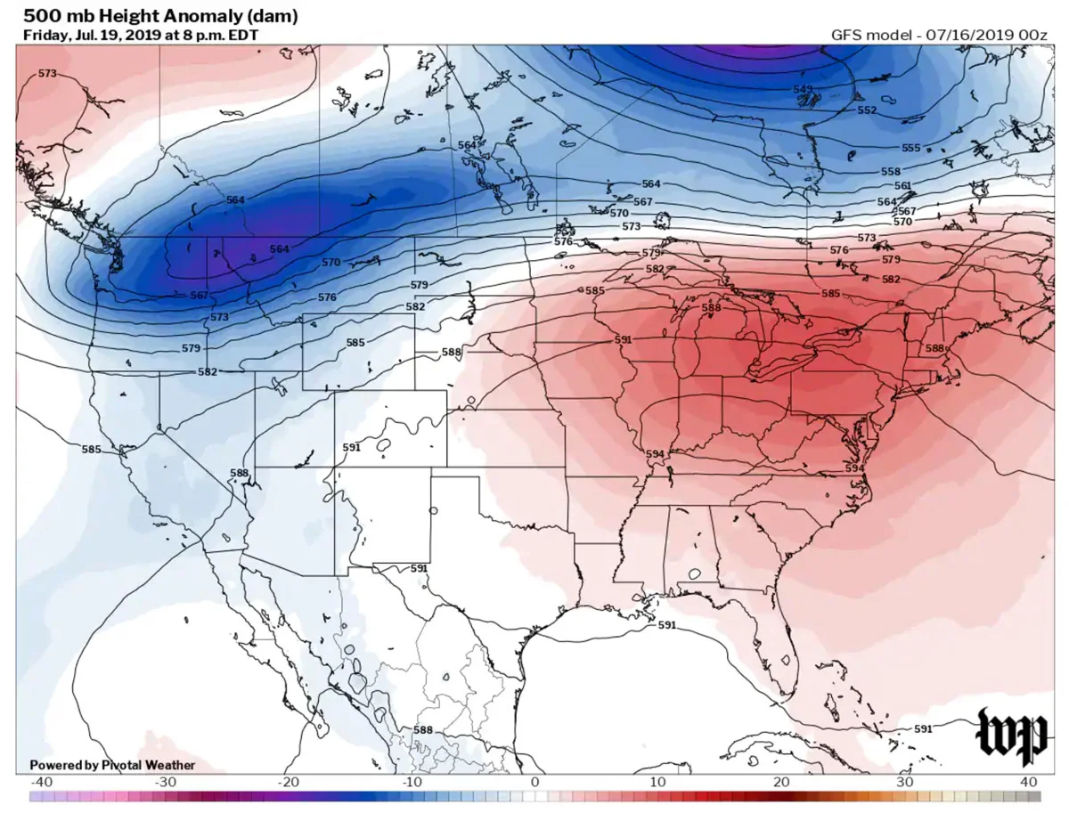 Heat dome (high pressure system) that resulted in the severe summer 2019 heat wave experienced in central and eastern US. Source
