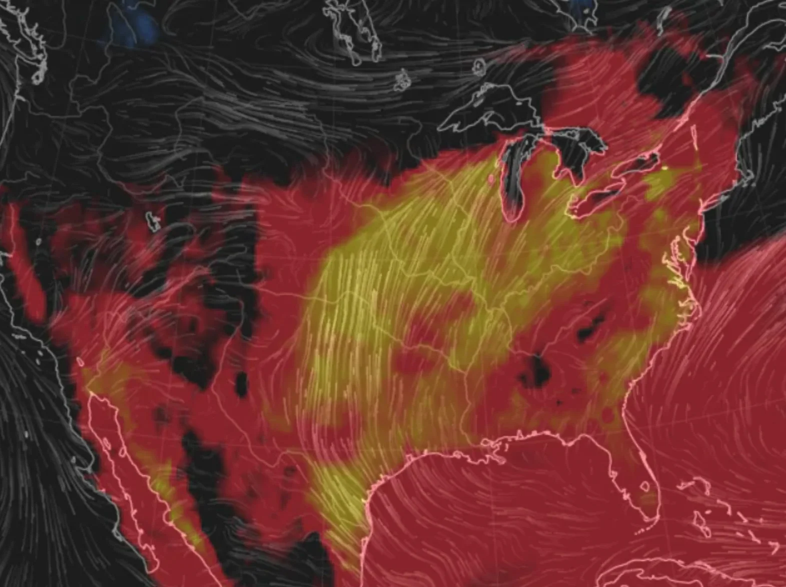 Visualization of heat and humidity Friday. (Earth.nullschool.net)