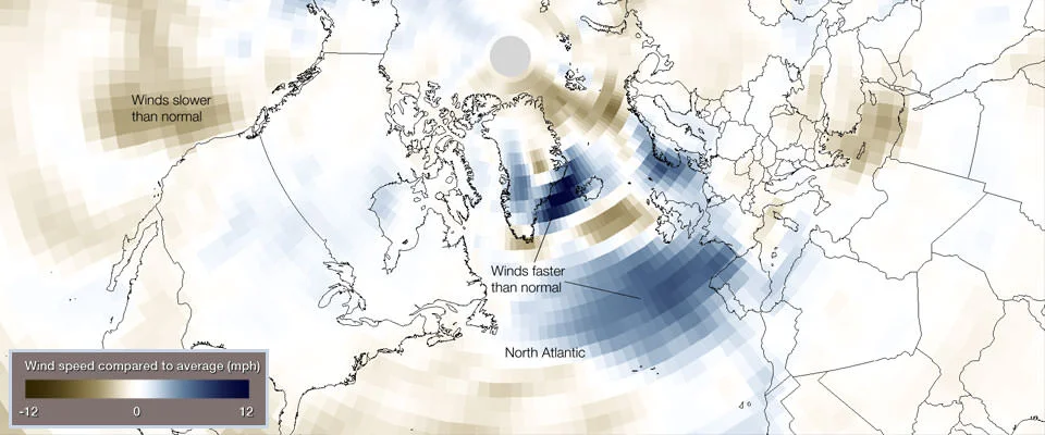 Fourteen of 20 hurricane-force wind events underwent bombogenesis in the North Atlantic during the first two months of 2014. This unusual activity can be seen in wind speed data from the period. In this image, blues indicate areas with wind speeds that are faster than the 30-year historical average (1981-2010).