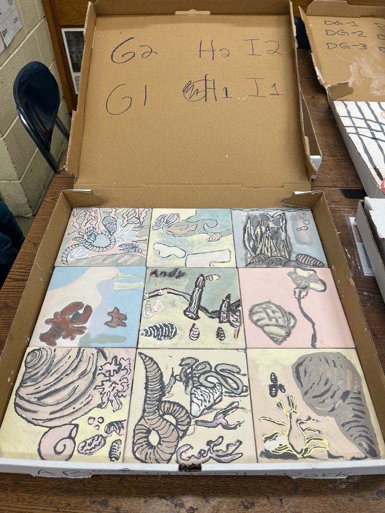 Unfired Tiles in Pizza Box Worms and clams.jpeg